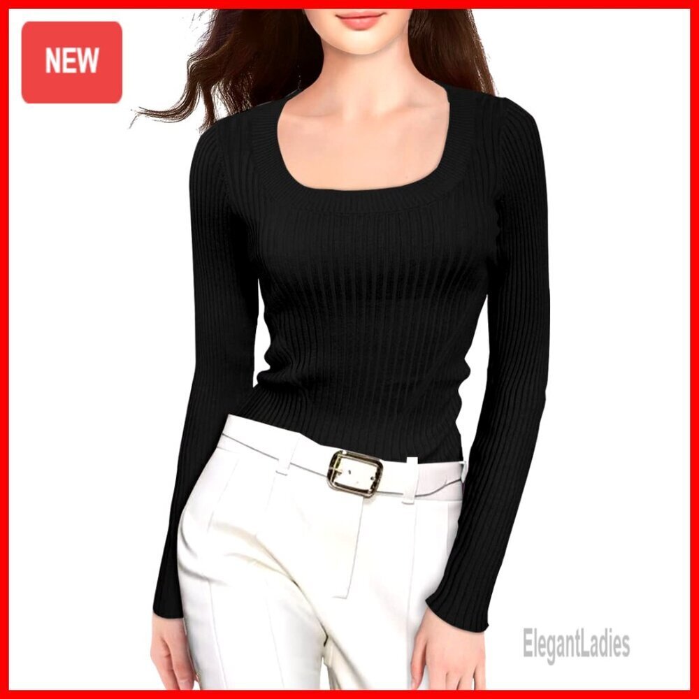 Long Sleeve Ribbed Viscose Sweater Top Slim Fit Scoop Neck